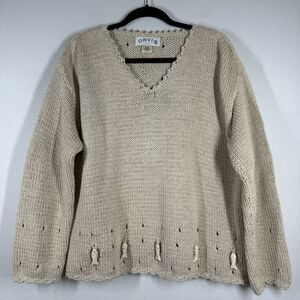Orvis Knit Cotton V Neck Sweater Beaded Fish Details Cream Size XL